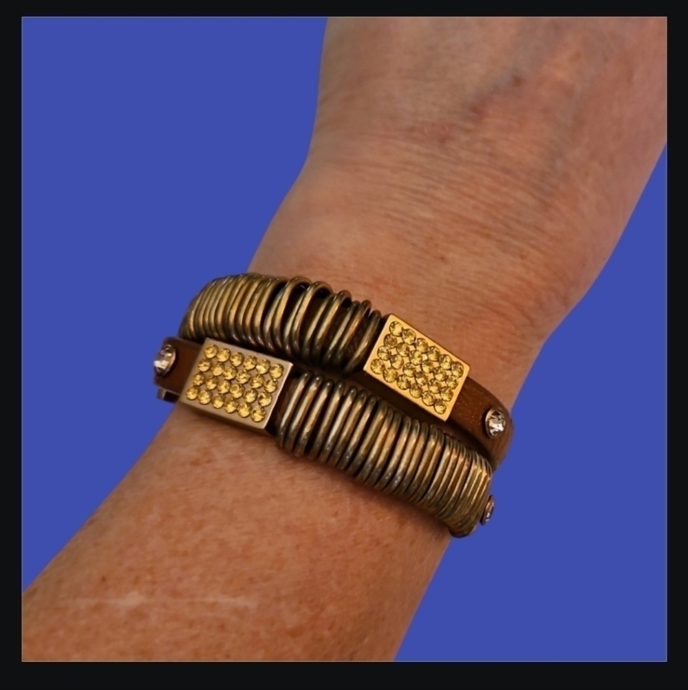 WESTERN Leather Brass Rhinestone Yellow Pave Belt Wrap Bracelet